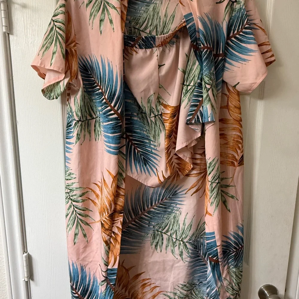 SHEIN Pink Tropical Palm-Print Kimono Cover-Up and shorts - Picture 2 of 2